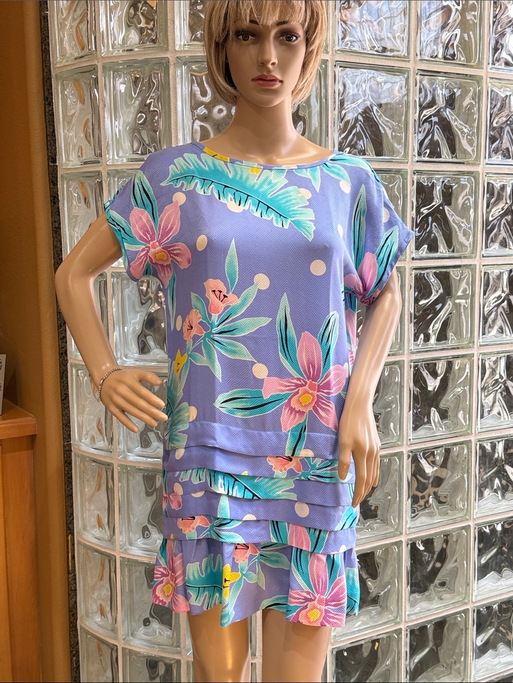 Vintage Silk Dragon Lavender Tropical Floral Print Mini Dress Size 4